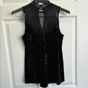 Black Flowy Crushed Velvet Top Lace Neckline and Keyhole Back